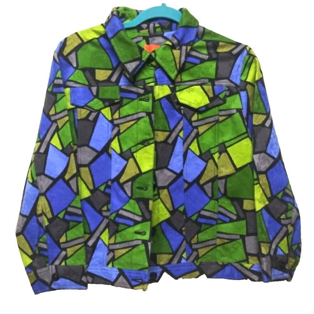 HEARTS OF PALM Womens Jacket Sz 16 Geometric print blue green gray collared EUC